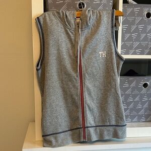 Gray Sleeveless Zip Hoodie with Red Accents